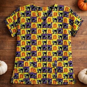 Handmade Women's Halloween Scrub Top Black Cats & Pumpkins Size Small